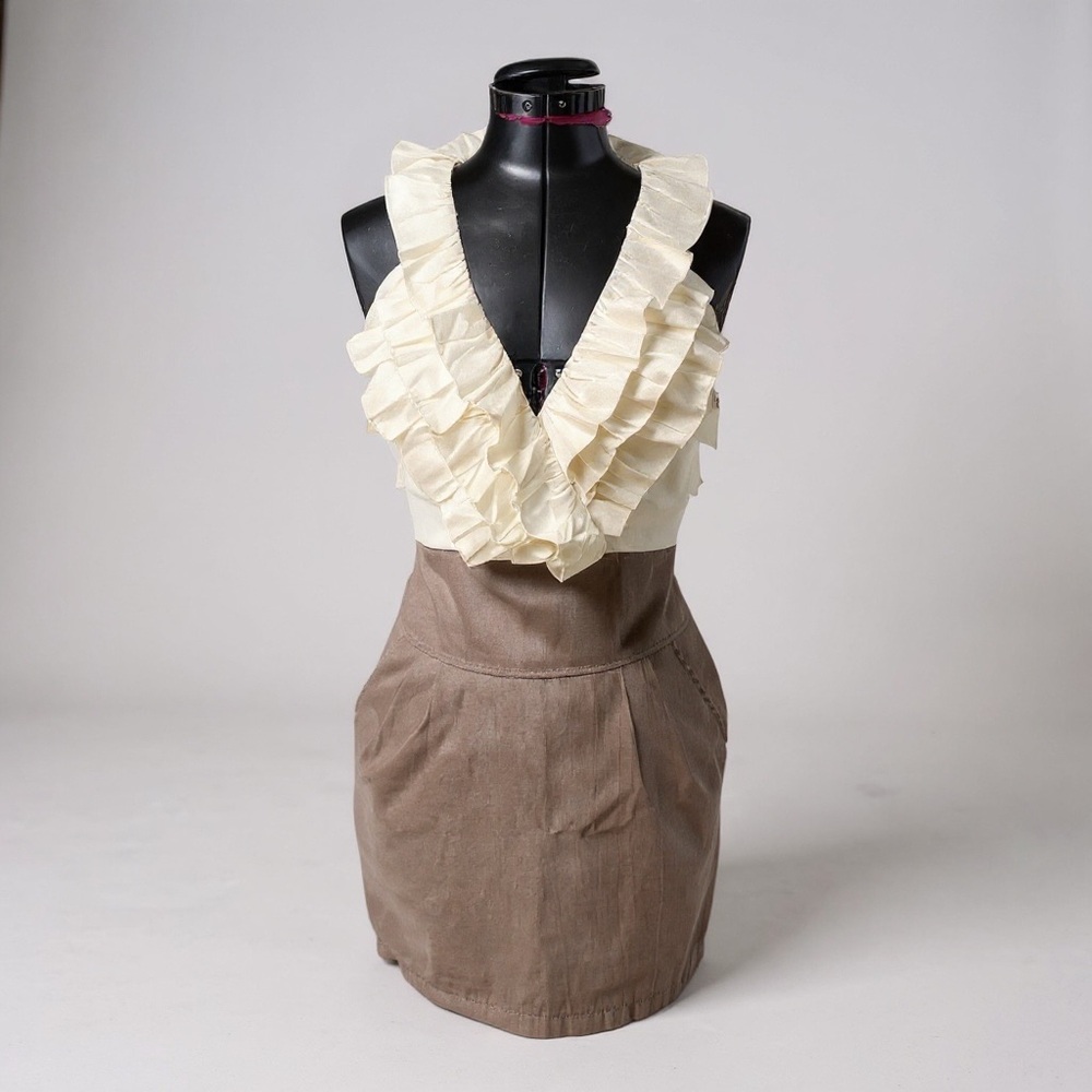 Cream and Brown Ruffled Dress - Picture 1 of 6